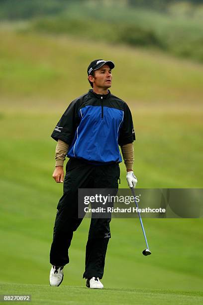 Ignacio Garrido of Spain watches his approach to the 1st green during the third round of the Celtic Manor Wales Open on the 2010 Course at The Celtic...