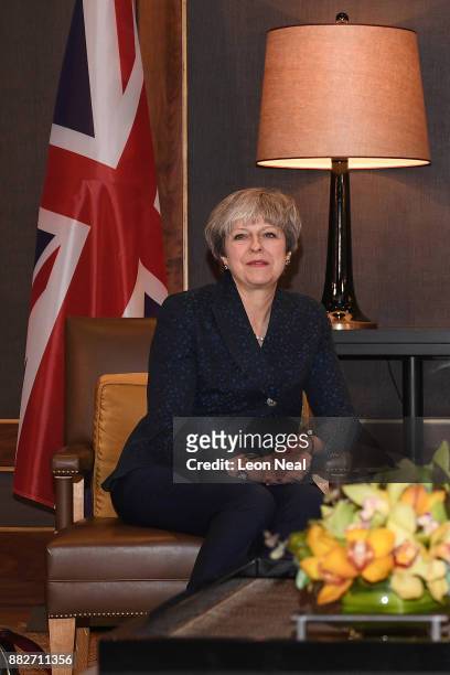 British Prime Minister Theresa May attends a bilateral meeting with King Abdullah II of Jordan at the Royal Palace on November 30, 2017 in Amman,...