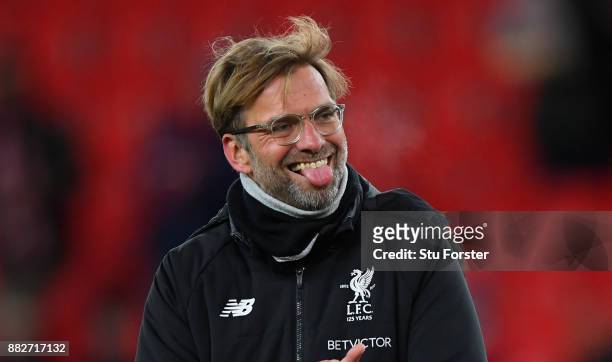 Liverpool manager Jurgen Klopp reacts after the Premier League match between Stoke City and Liverpool at Bet365 Stadium on November 29, 2017 in Stoke...