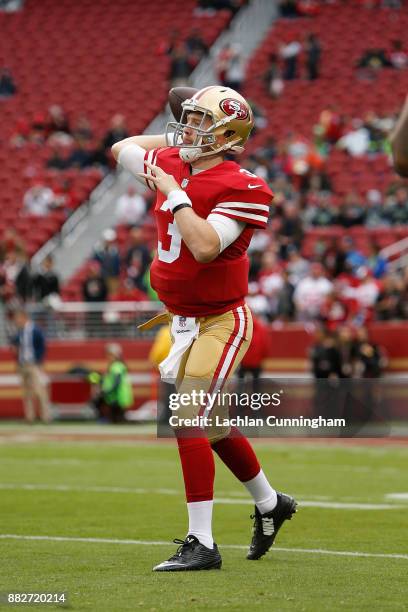 Beathard of the San Francisco 49ers throws a pass during the warm up before the game against the Seattle Seahawks at Levi's Stadium on November 26,...