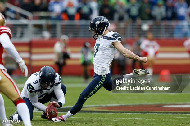Blair Walsh of the Seattle Seahawks attempts a field goal against the San Francisco 49ers at Levi's Stadium on November 26, 2017 in Santa Clara,...
