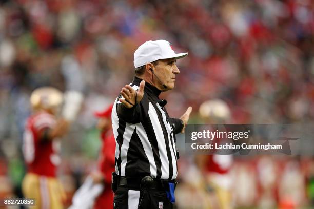 Referee Pete Morelli gives a ruling during the game between the Seattle Seahawks and the San Francisco 49ers at Levi's Stadium on November 26, 2017...