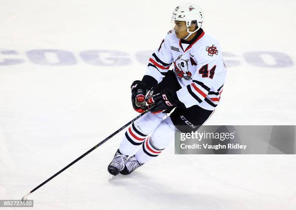 Akil Thomas of the Niagara IceDogs skates during an OHL game against the Ottawa 67's at the Meridian Centre on November 24, 2017 in St Catharines,...