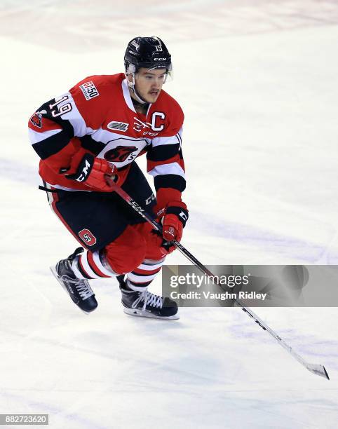 Travis Barron of the Ottawa 67's skates during an OHL game against the Niagara IceDogs at the Meridian Centre on November 24, 2017 in St Catharines,...