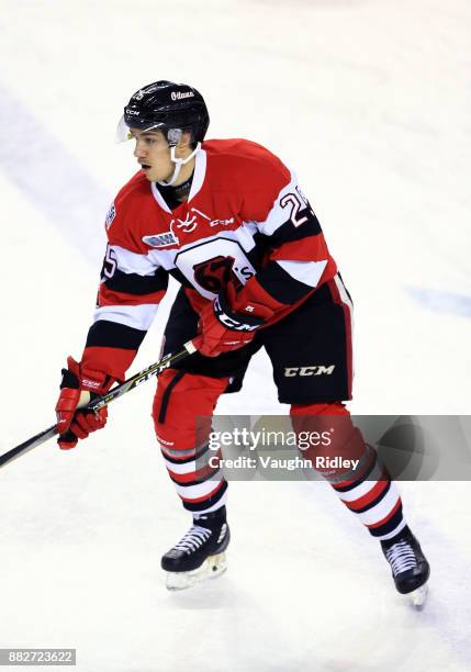 Peter Stratis of the Ottawa 67's skates during warm up for an OHL game against the Niagara IceDogs at the Meridian Centre on November 24, 2017 in St...