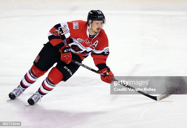 Tye Felhaber of the Ottawa 67's skates during an OHL game against the Niagara IceDogs at the Meridian Centre on November 24, 2017 in St Catharines,...