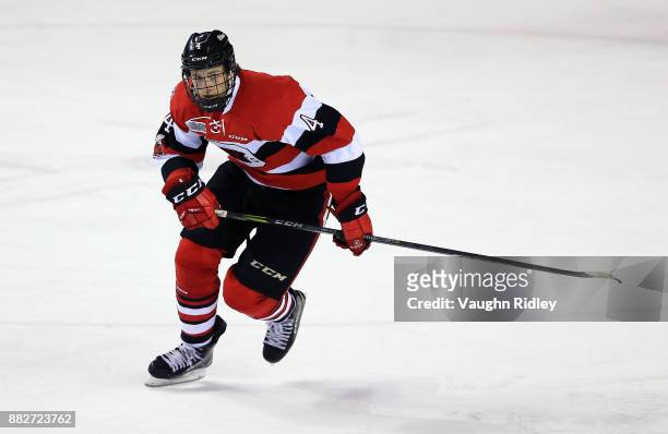 Quinn Yule of the Ottawa 67's skates during an OHL game against the Niagara IceDogs at the Meridian Centre on November 24, 2017 in St Catharines,...