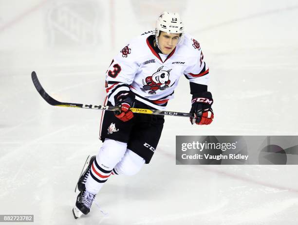 Kirill Maksimov of the Niagara IceDogs skates during an OHL game against the Ottawa 67's at the Meridian Centre on November 24, 2017 in St...