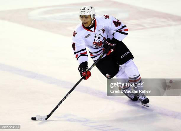 Akil Thomas of the Niagara IceDogs skates during an OHL game against the Ottawa 67's at the Meridian Centre on November 24, 2017 in St Catharines,...