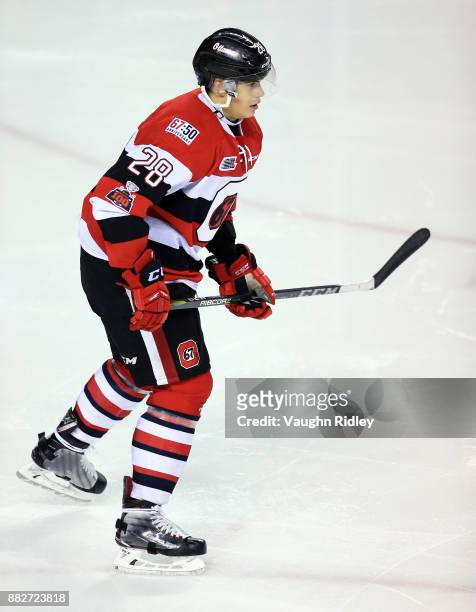 Nikita Okhotyuk of the Ottawa 67's skates during an OHL game against the Niagara IceDogs at the Meridian Centre on November 24, 2017 in St...
