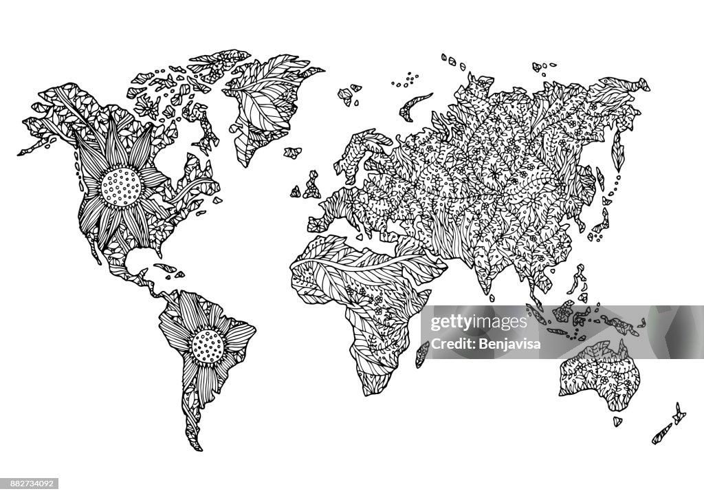 World Map Hand Drawn Flower Floral Design Vector High-Res Vector ...