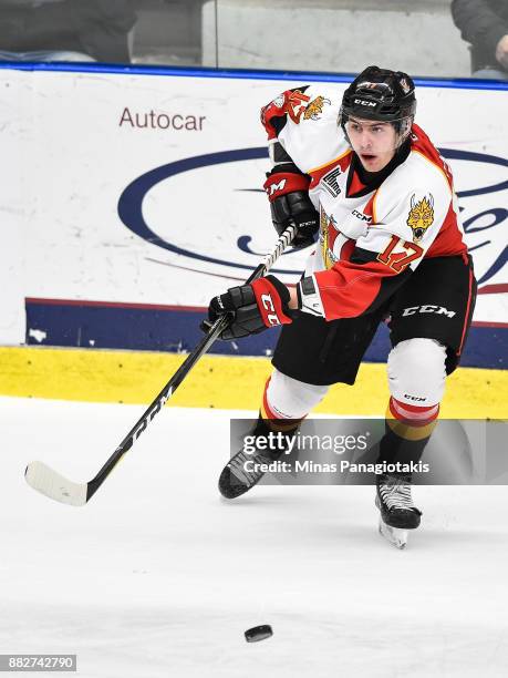 Samuel Dickner of the Baie-Comeau Drakkar plays the puck against the Blainville-Boisbriand Armada during the QMJHL game at Centre d'Excellence Sports...