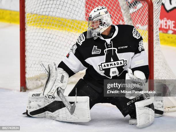 Goaltender Francis Leclerc of the Blainville-Boisbriand Armada protects his net against the Baie-Comeau Drakkar during the QMJHL game at Centre...