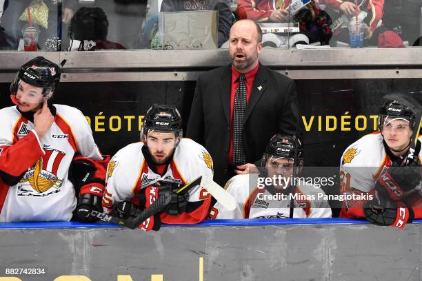 Head coach of the Baie-Comeau Drakkar Martin Bernard looks on against the Blainville-Boisbriand Armada during the QMJHL game at Centre d'Excellence...