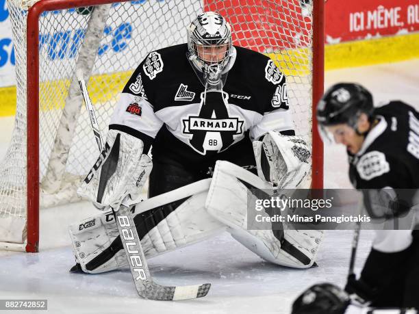 Goaltender Francis Leclerc of the Blainville-Boisbriand Armada remains focused against the Baie-Comeau Drakkar during the QMJHL game at Centre...