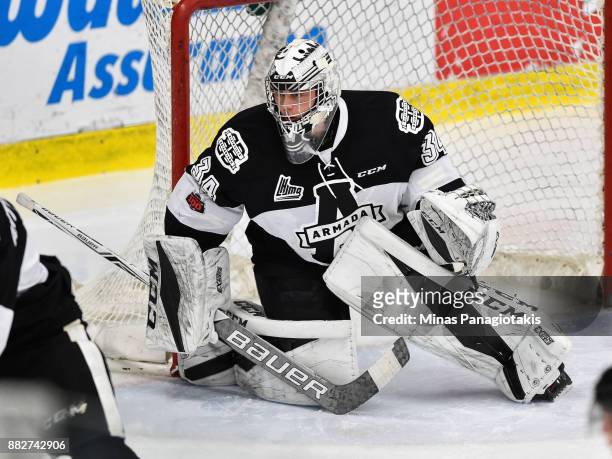 Goaltender Francis Leclerc of the Blainville-Boisbriand Armada protects his net against the Baie-Comeau Drakkar during the QMJHL game at Centre...