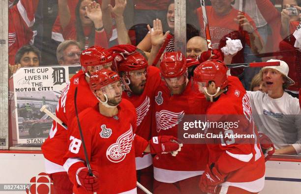 Dan Cleary of the Detroit Red Wings celebrates his goal against the Pittsburgh Penguins with Nicklas Lidstrom, Brian Rafalski, Henrik Zetterberg and...