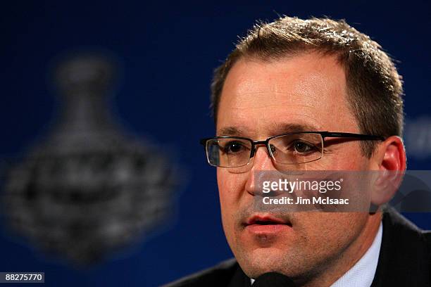 Head coach Dan Bylsma of the Pittsburgh Penguins speaks during a press conference after Game Five of the 2009 NHL Stanley Cup Finals at Joe Louis...