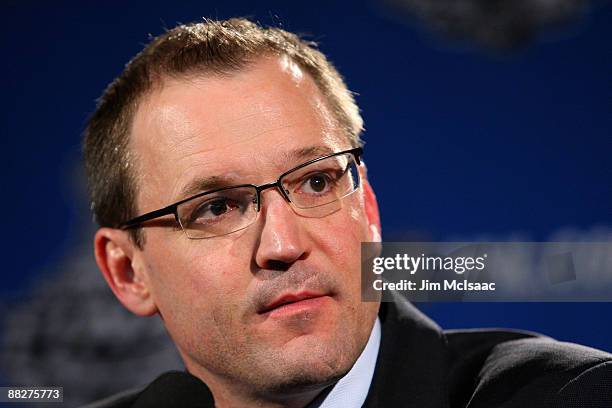 Head coach Dan Bylsma of the Pittsburgh Penguins speaks during a press conference after Game Five of the 2009 NHL Stanley Cup Finals at Joe Louis...