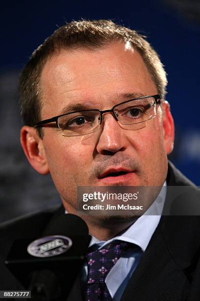 Head coach Dan Bylsma of the Pittsburgh Penguins speaks during a press conference after Game Five of the 2009 NHL Stanley Cup Finals at Joe Louis...