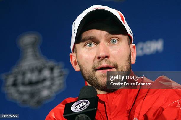 Brian Rafalski of the Detroit Red Wings speak to the media during a press conference after winning Game Five of the 2009 NHL Stanley Cup Finals at...