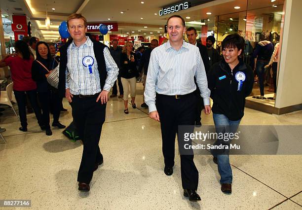 National MP Jonathan Coleman, New Zealand Prime Minister John Key and National MP Melissa Lee campaign at the St Luke shopping centre on June 7, 2009...