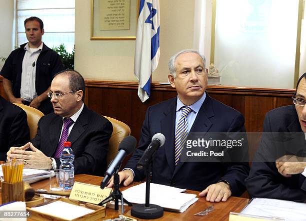 Israeli Prime Minister Benjamin Netanyahu chairs the weekly cabinet meeting at his offices on June 7, 2009 in Jerusalem, Israel. Netanyahu said he...