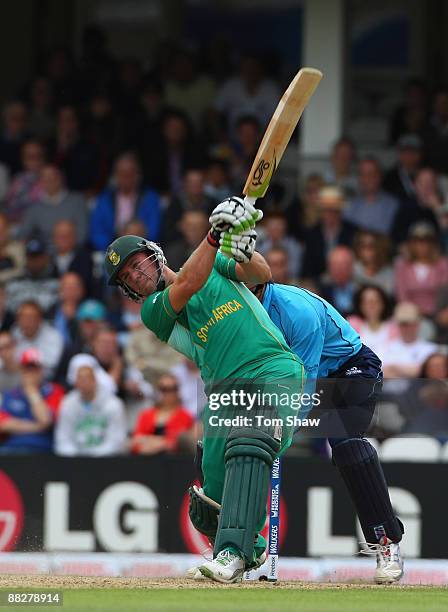 De Villiers of South Africa hits out during the ICC Twenty20 World Cup match between South Africa and Scotland at The Brit Oval on June 7, 2009 in...