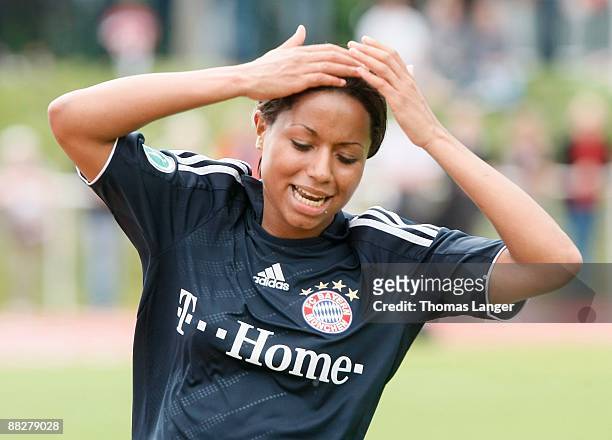 Sylvie Banecki of Muenchen reacts during the Women's Bundesliga match between FC Bayern Muenchen and TSV Crailsheim at the Schoenebuergstadion on...