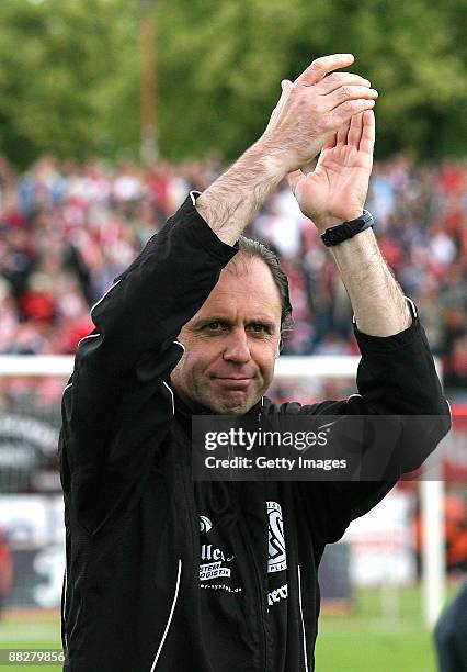 Head coach Hermann Andreev of Plauen celebrates after the Regionalliga match between Hallescher FC and VFC PLauen at the Kurt Wabbel Stadium on June...