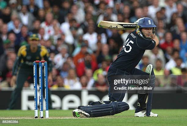 Luke Wright of England drives square of the wicket during the ICC Twenty20 World Cup match between England and Pakistan at The Brit Oval on June 7,...