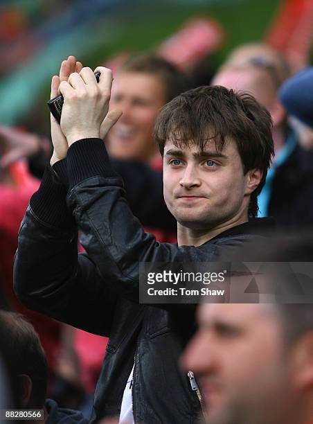 Harry Potter actor Daniel Radcliffe cheers on England during the ICC Twenty20 World Cup match between England and Pakistan at The Brit Oval on June...