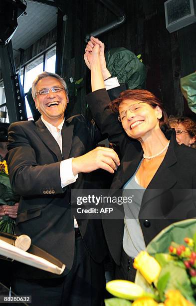 Belgian CD&V Minister-President Kris Peeters and chairwoman Marianne Thyssen celebrate at the CD&V elections evening in Brussels during the European...