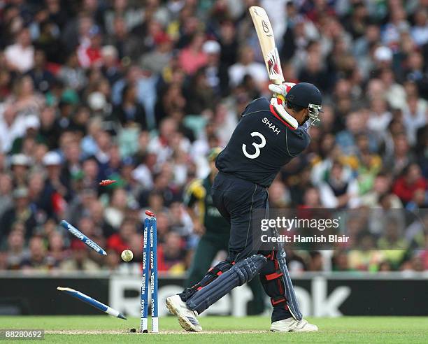 Owais Shah of England is bowled by Umar Gul of Pakistan during the ICC Twenty20 World Cup match between England and Pakistan at The Brit Oval on June...