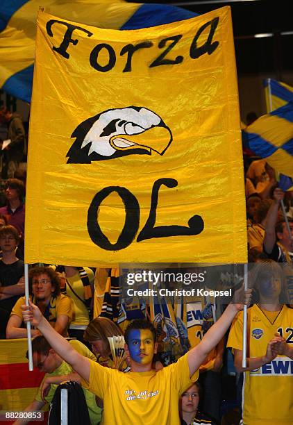 Fan of Oldenburg shows a banner during the Basketball Bundesliga Play-Off match between EWE Baskets Oldenburg and Brose Baskets Bamberg at the EWE...