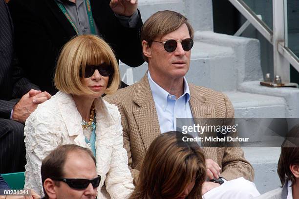 Editor-in-chief of American Vogue Anna Wintour and communications executive Shelby Bryan attend the French Open at Stade Roland Garros on June 7,...