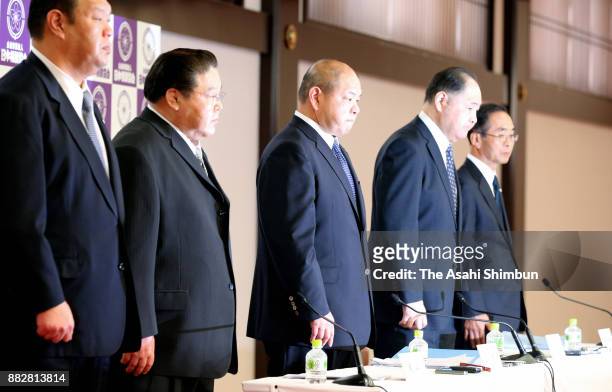 Japan Sumo Association Chairman Hakkaku attends a press conference after an executive committee meeting at Ryogoku Kokugikan on November 30, 2017 in...