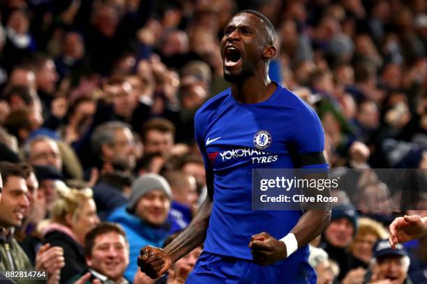 Antonio Rudiger of Chelsea celebrates after scoring his sides second goal during the Premier League match between Chelsea and Swansea City at...