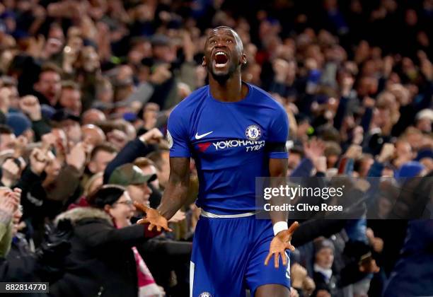 Antonio Rudiger of Chelsea celebrates after scoring his sides second goal during the Premier League match between Chelsea and Swansea City at...