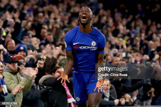 Antonio Rudiger of Chelsea celebrates after scoring his sides second goal during the Premier League match between Chelsea and Swansea City at...