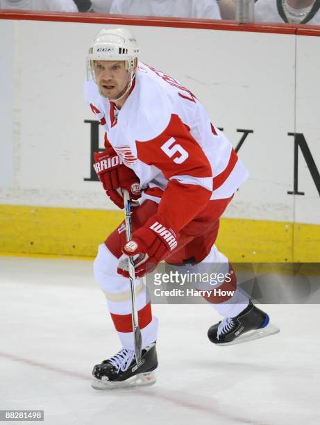 Nicklas Lidstrom of the Detroit Red Wings in action against the Pittsburgh Penguins during Game Four of the 2009 NHL Stanley Cup Finals on June 4,...