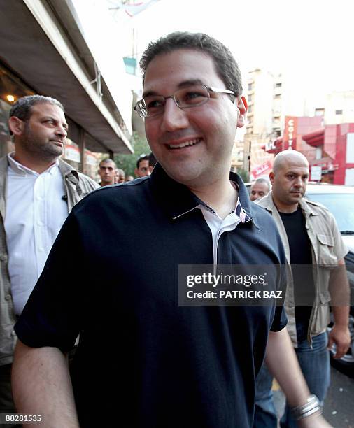 Lebanese candidate Nadim Gemayel, 27-year-old son of assassinated president-elect Beshir Gemayel, campaigns in Beirut on June 6, 2009. Gemayel is a...