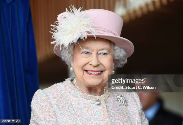 Queen Elizabeth II is seen at the Chichester Theatre while visiting West Sussex on November 30, 2017 in Chichester, United Kingdom.