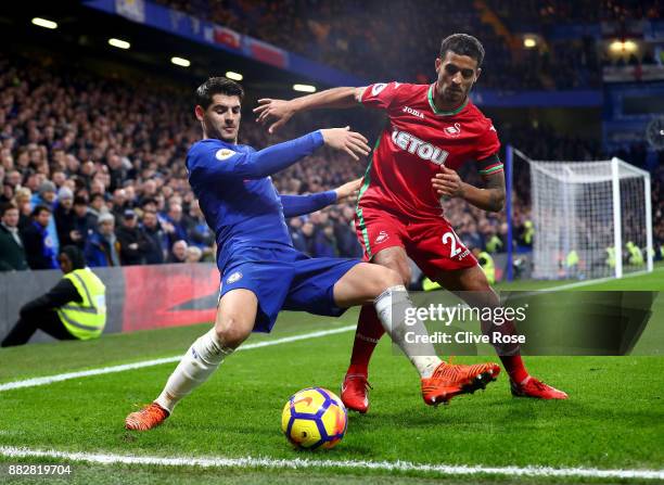 Kyle Naughton of Swansea City challenges Alvaro Morata of Chelsea during the Premier League match between Chelsea and Swansea City at Stamford Bridge...