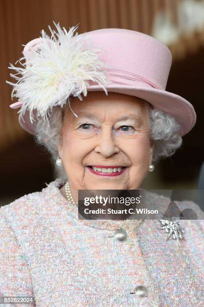 Queen Elizabeth II is seen at the Chichester Theatre while visiting West Sussex on November 30, 2017 in Chichester, United Kingdom.