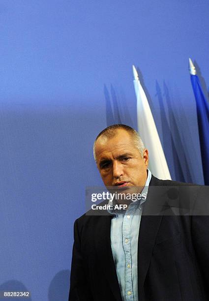 Bulgaria's centre-right GERB party of Sofia mayor Boyko Borisov reacts during a press conference after his party wins the European Parliament...