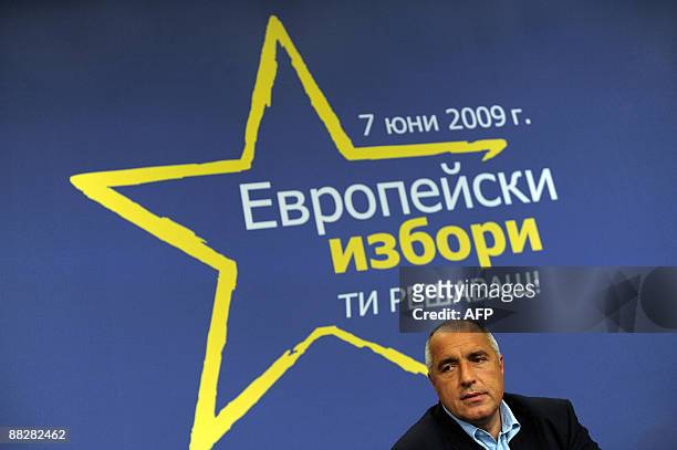 Bulgaria's centre-right GERB party of Sofia mayor Boyko Borisov reacts during a press conference after his party wins the European Parliament...