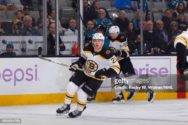 Jordan Szwarz of the Boston Bruins skates against the San Jose Sharks at SAP Center on November 18, 2017 in San Jose, California.
