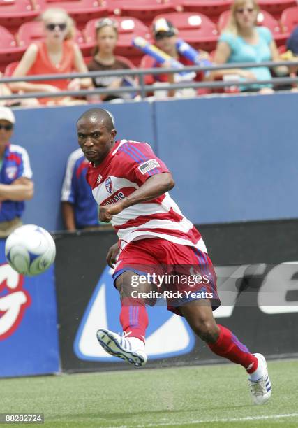 Jeff Cunningham of the FC Dallas shoots the ball at Pizza Hut Park on June 7, 2009 in Frisco, Texas.