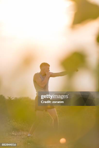 young man shadow boxing outdoors - tai chi shadow stock pictures, royalty-free photos & images